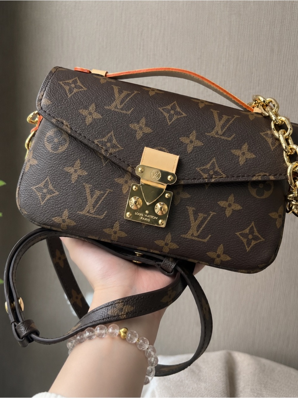 Louis Vuitton Monogram Pochette Crossbody with Gold Hardware and Orange Trim
